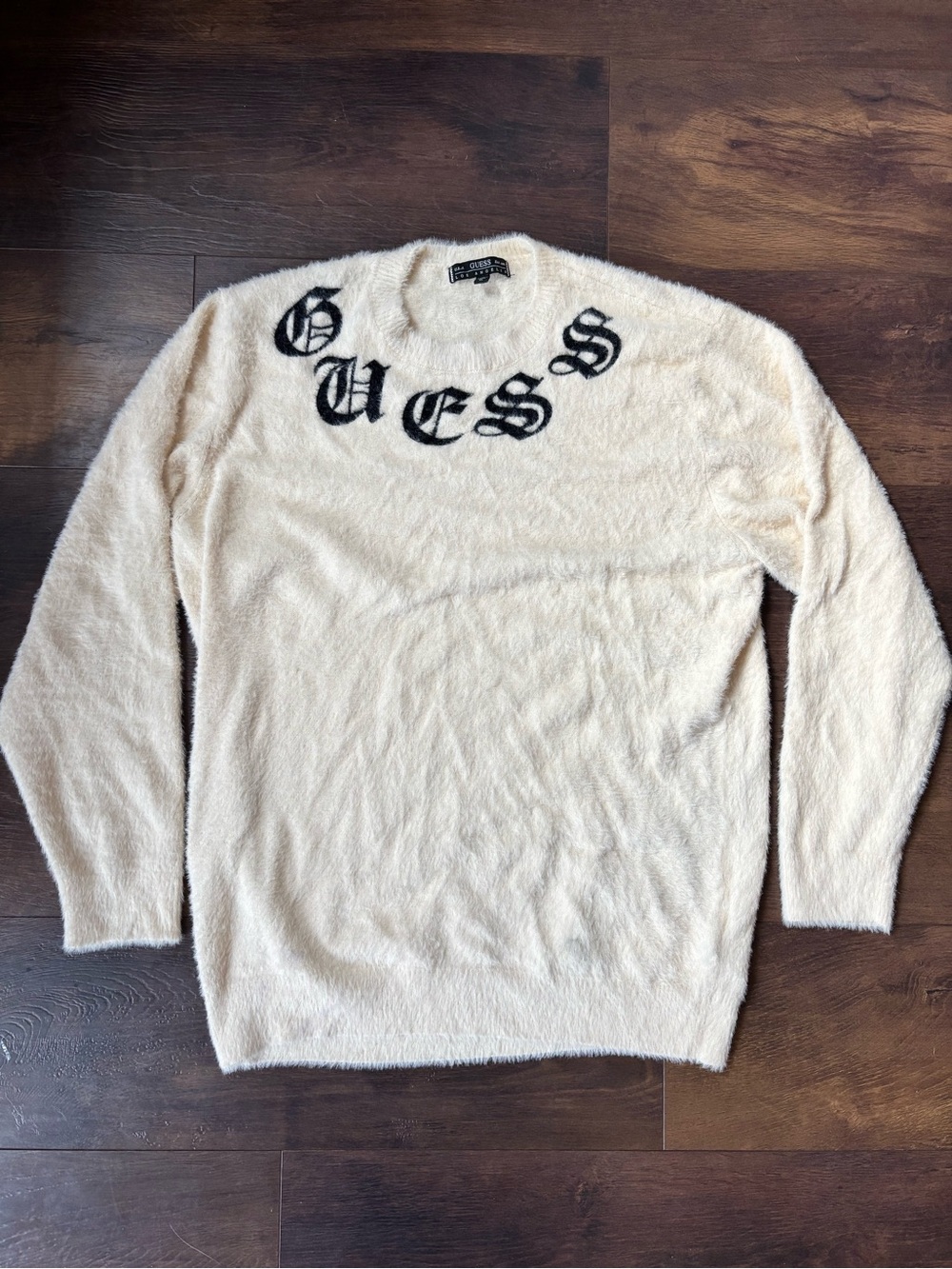 GUESS Cream Fuzzy Crewneck with Black Logo
